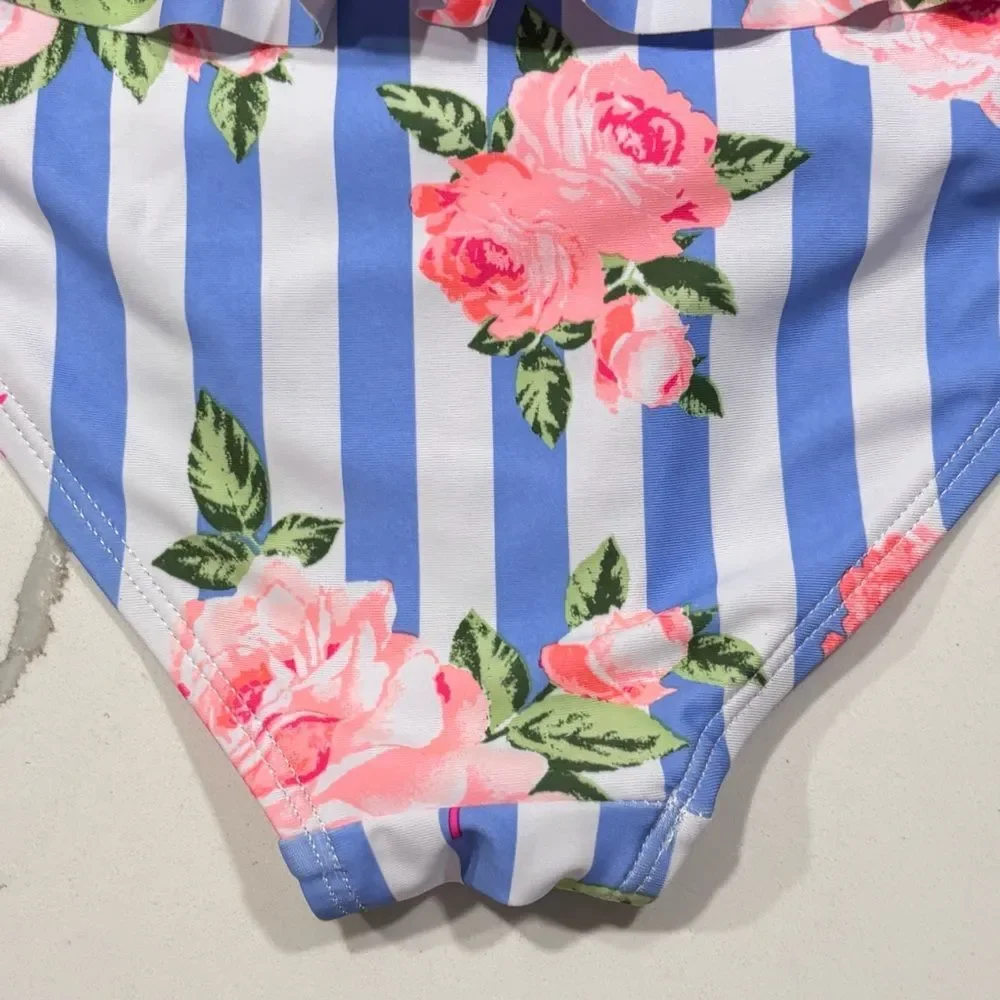Betsey Johnson Girls Blue Striped Floral Ruffles Bikini Bottom 2 PC Swim Suit 12
